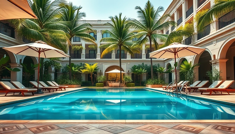 Luxury hotel poolside with lounge chairs and parasols.
