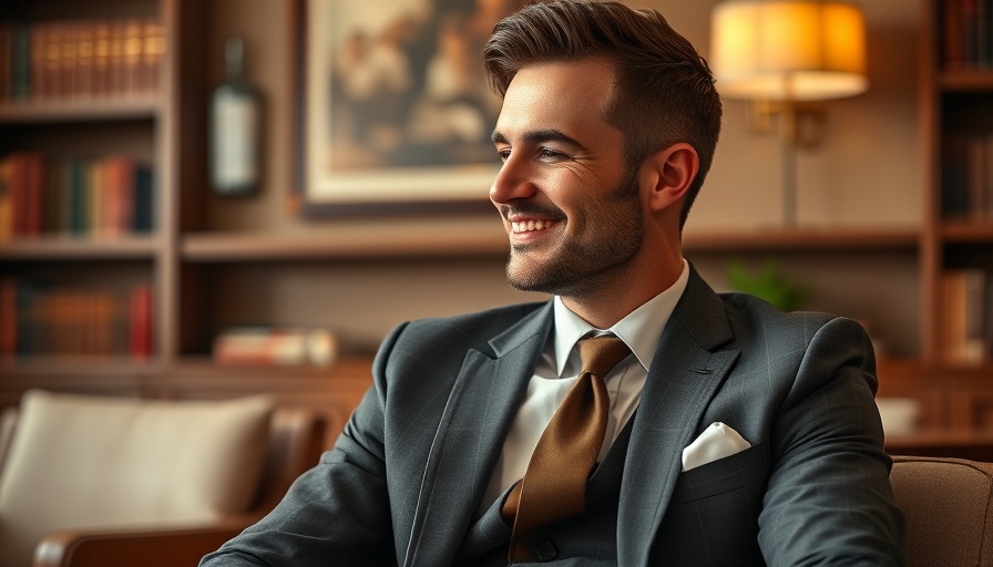 Luxury hotel lounge with a stylish man in a tailored suit.