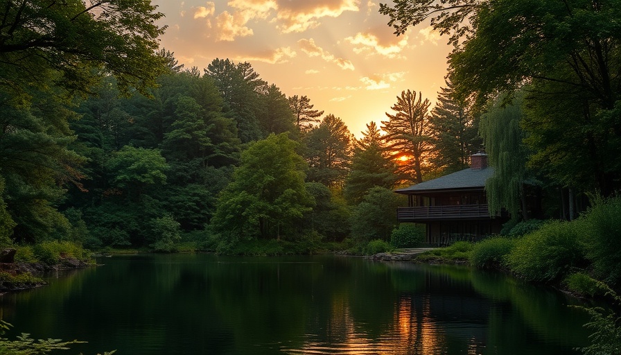 Luxury lakeside hotel in Muskoka surrounded by forest at sunset.