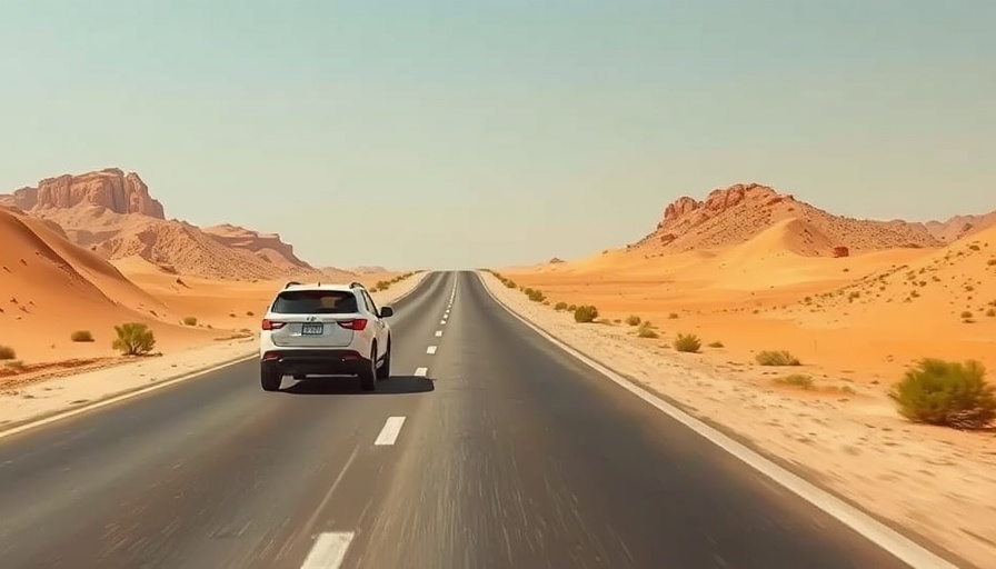 Driving in Dubai: SUV on a desert highway under clear skies.