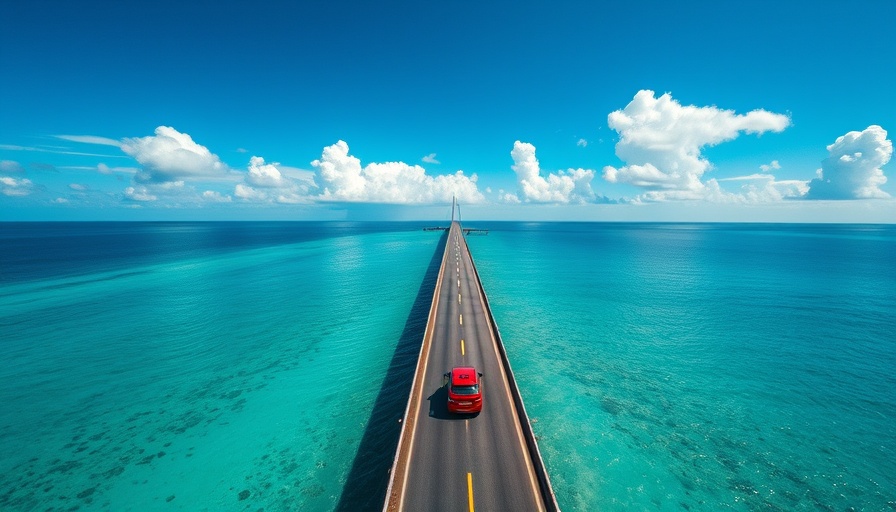 Aerial view of bridge with red car over turquoise waters on East Coast road trip.