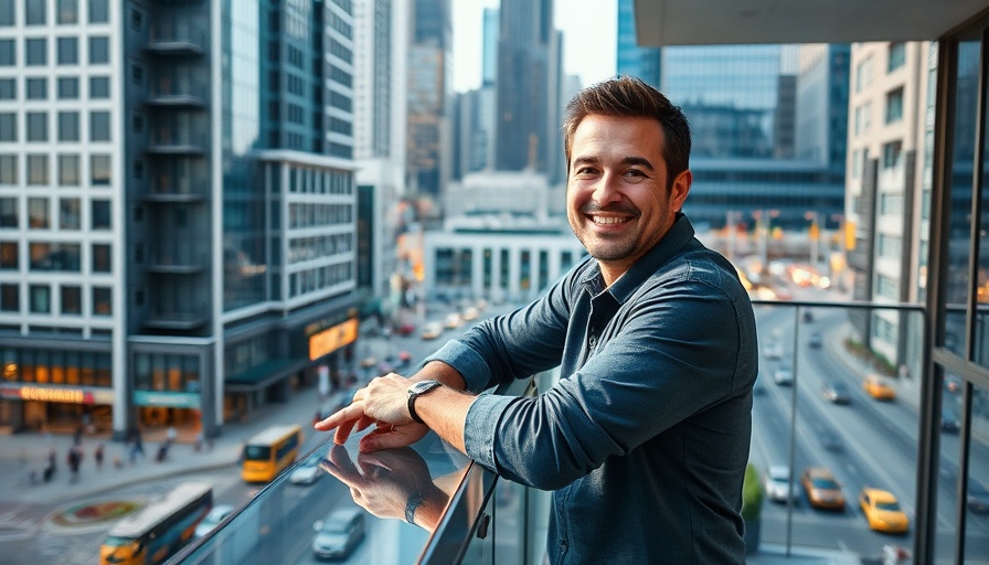 Luxury travel consultants smiling man on urban balcony, city view.