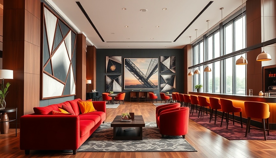 Stylish hotel lounge with red velvet sofa and elegant decor