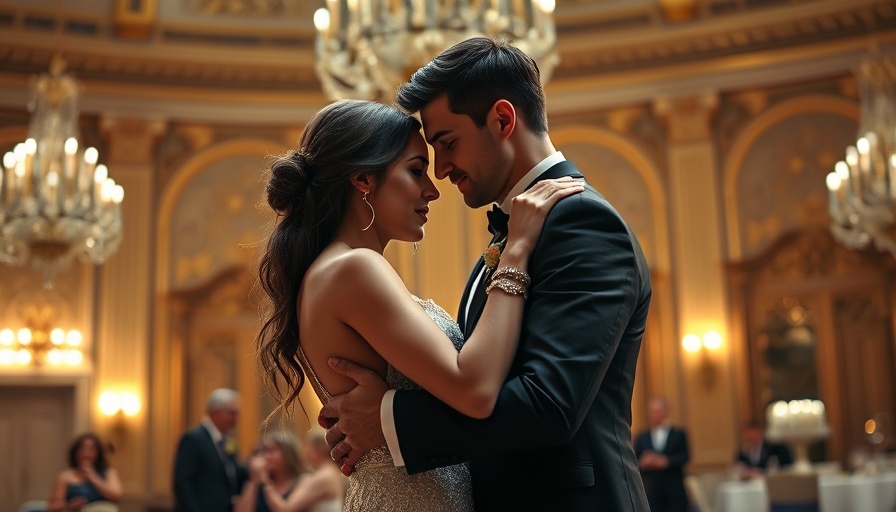 Elegant couple dancing in grand ballroom, Locations in Materialists Film.