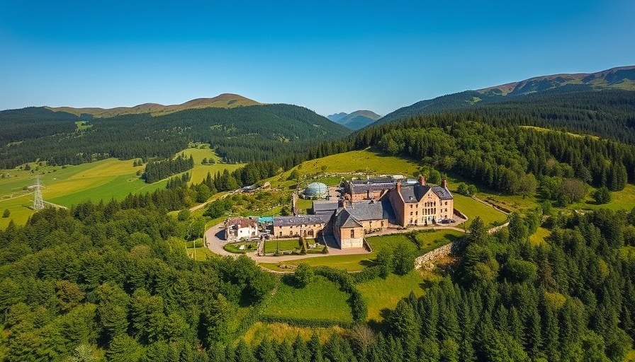 Aerial view of distillery on Scottish Whiskey Pilgrimage in lush landscape.