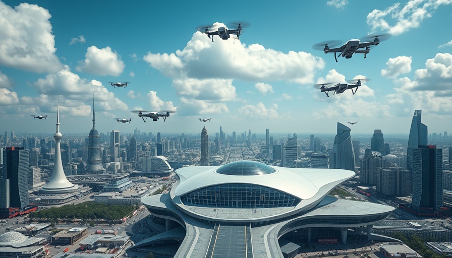 Urban air mobility hub with drones and hangar facility.