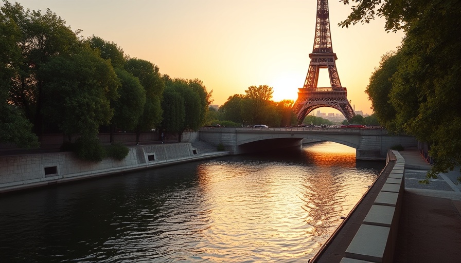Romantic view of Eiffel Tower at sunrise along Seine River.
