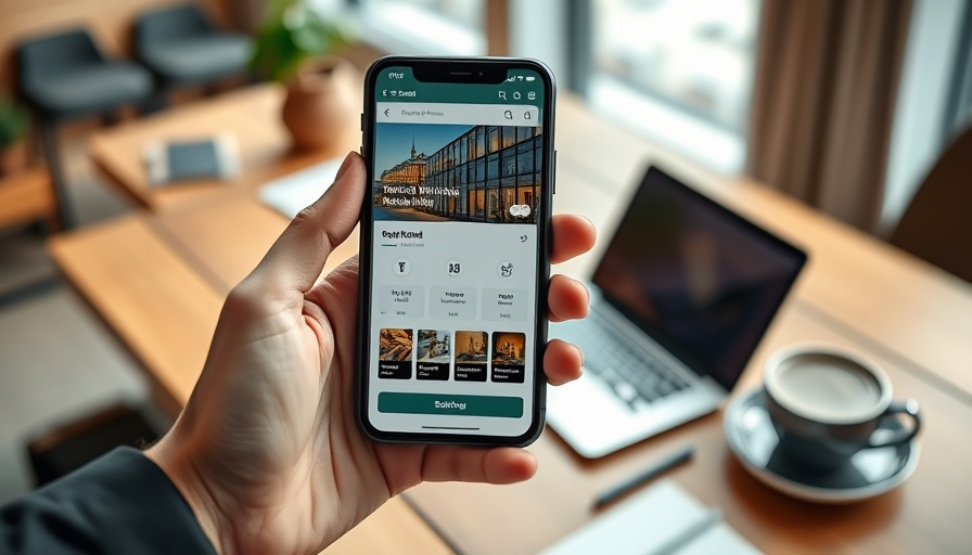 Smartphone with AI-powered booking engine for luxury hotels, in business setting.