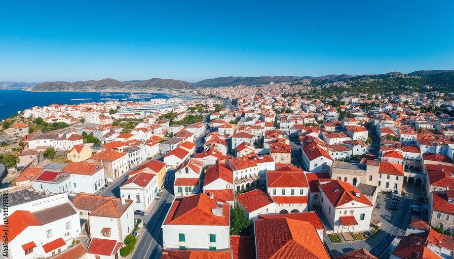 Aerial view of coastal town with red rooftops near luxury hotels.