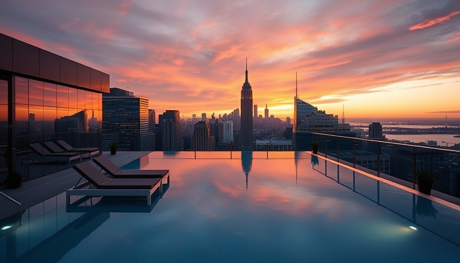 Luxurious rooftop pool with NYC skyline view at sunset