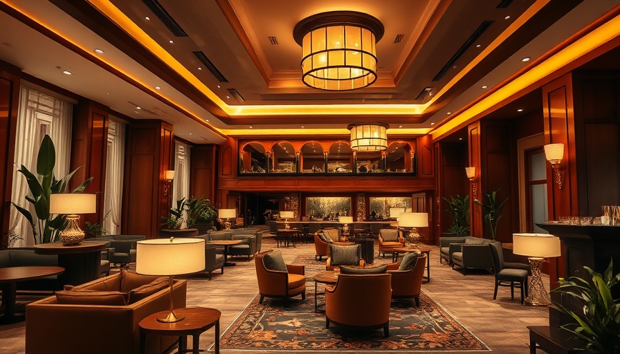Elegant hotel lounge with rich wood and ambient lighting in a luxury setting.