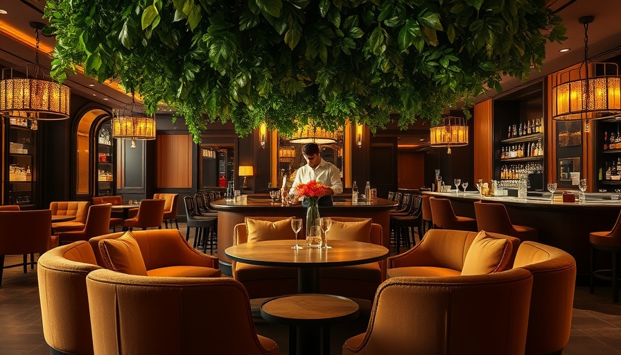 Elegant luxury hotel bar with a bartender and plush seating in rich tones.