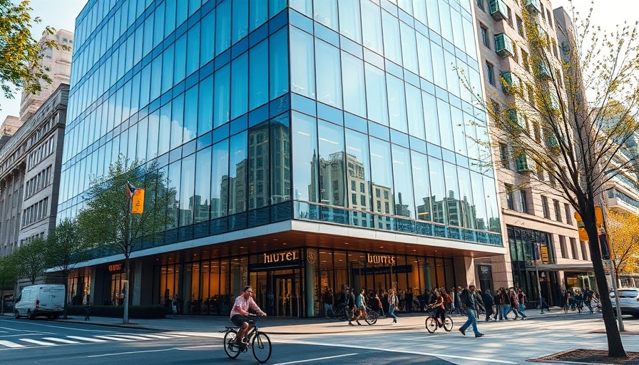 Exterior of a modern luxury hotel with people on a city street