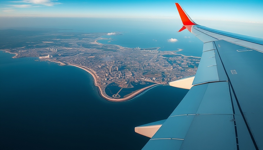 Aerial view of city and sea during flight above coastal area.