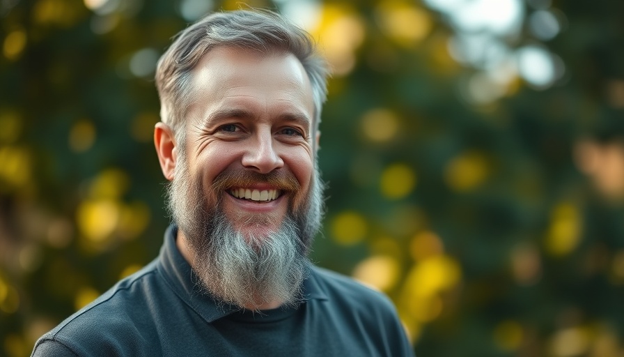 Smiling man with beard outdoors, luxury hotels context.
