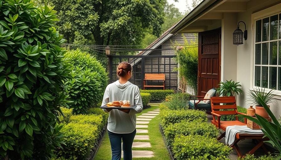 Serene luxury hotel garden with authentic local restaurant path.