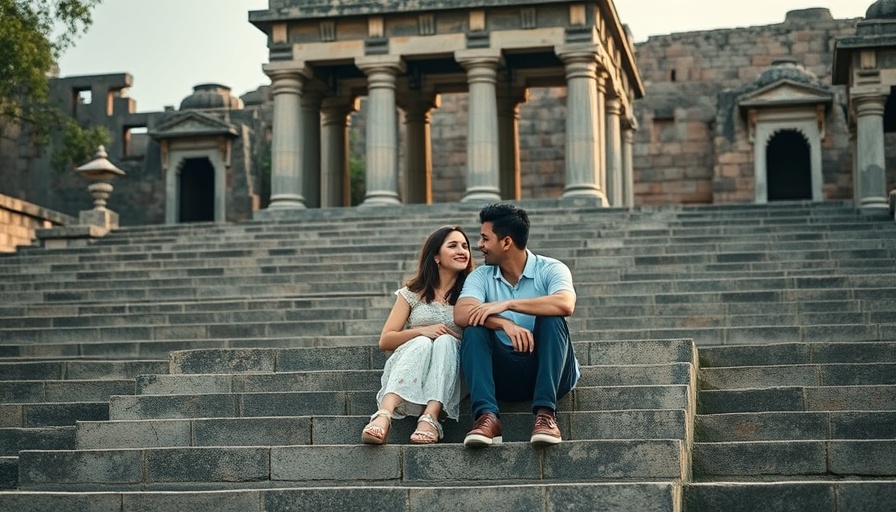 A couple embraces in front of an ancient temple, symbolizing how our lives shape the way we travel over time.