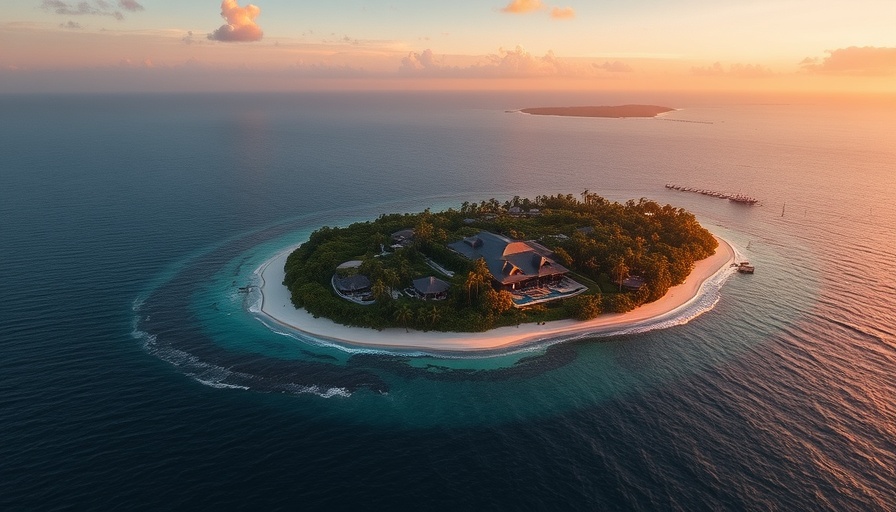 Private island resort at sunset with lush greenery and ocean views.