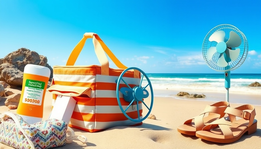 Collage of summer travel essentials with beach background.