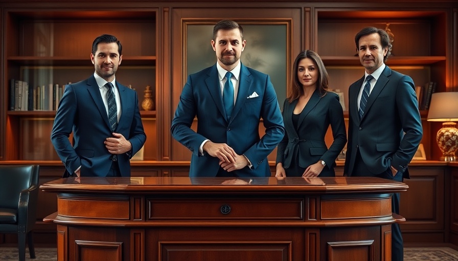 Elegantly dressed individuals in luxurious office setting