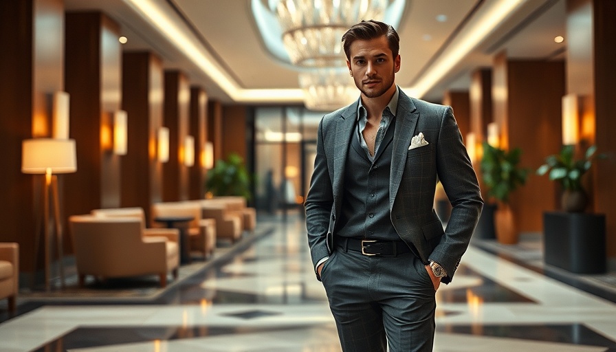 Stylishly dressed man in luxury boutique hotel lobby.