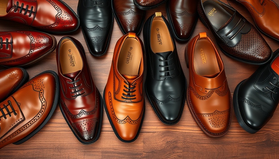 Various types of men's dress shoes on wooden surface.