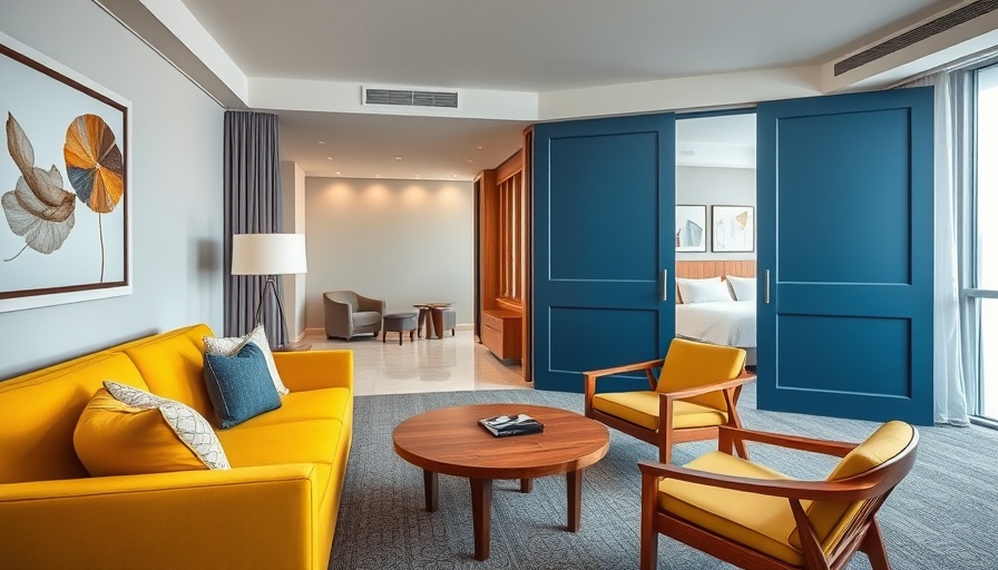 Modern Kyoto hotel room with chic decor and vibrant furnishings.