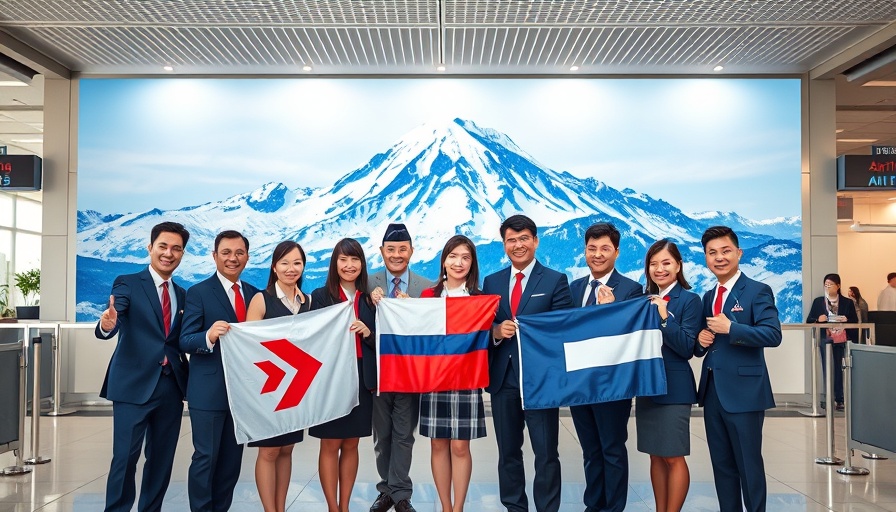 Airline crew promoting direct flights to Greenland with flags.