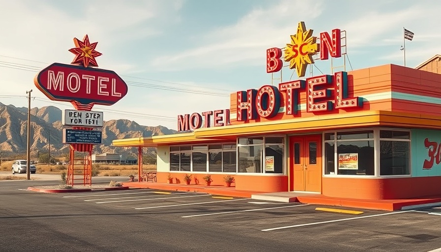 Colorful vintage hotel with neon sign in empty parking lot.