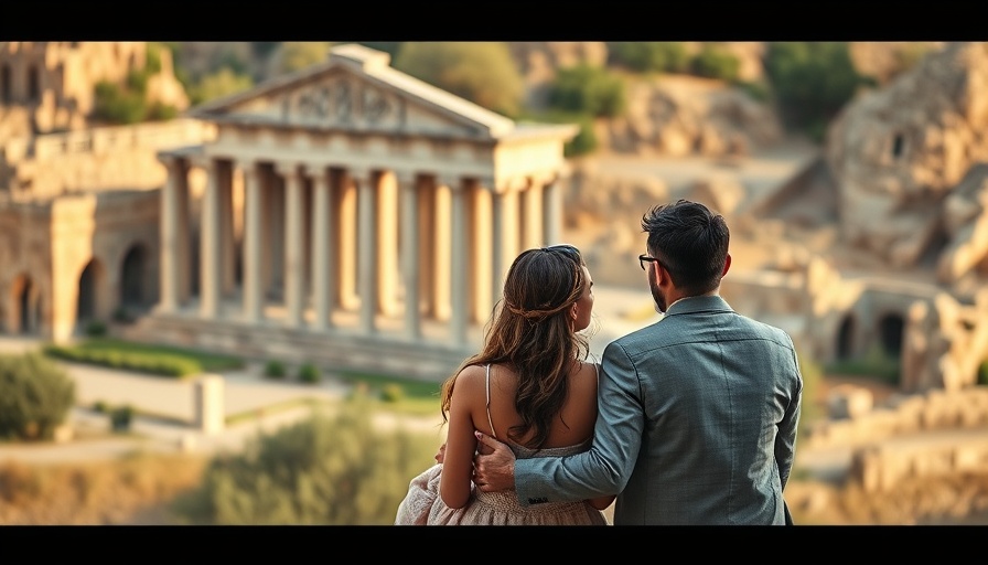Romantic couple at ancient temple, serene setting.