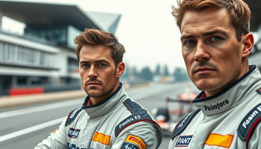 Two race car drivers at the racetrack in 'F1: The Movie' scene.
