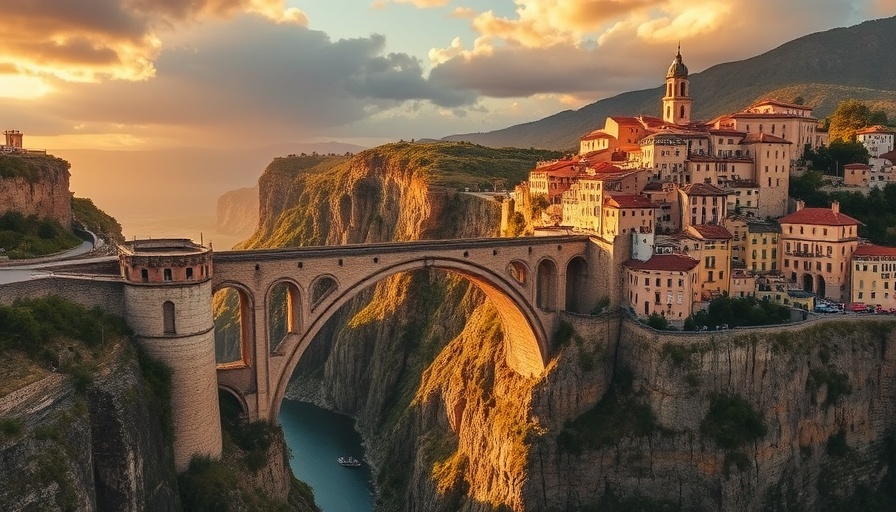 Breathtaking historic stone bridge and town under sunset, luxury travel concierge