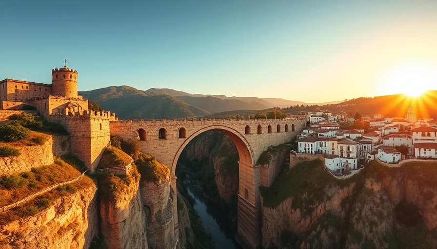 Luxury travel concierge: ancient bridge in picturesque town at sunset.