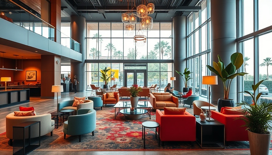 Chic modern hotel lobby with vibrant decor, luxury boutique accommodations.