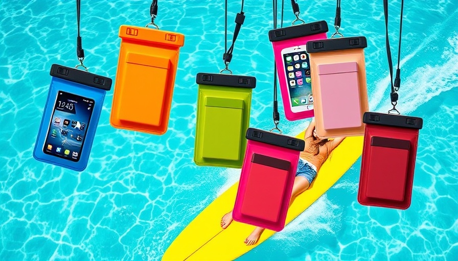 Creative collage of waterproof phone pouches with woman surfing