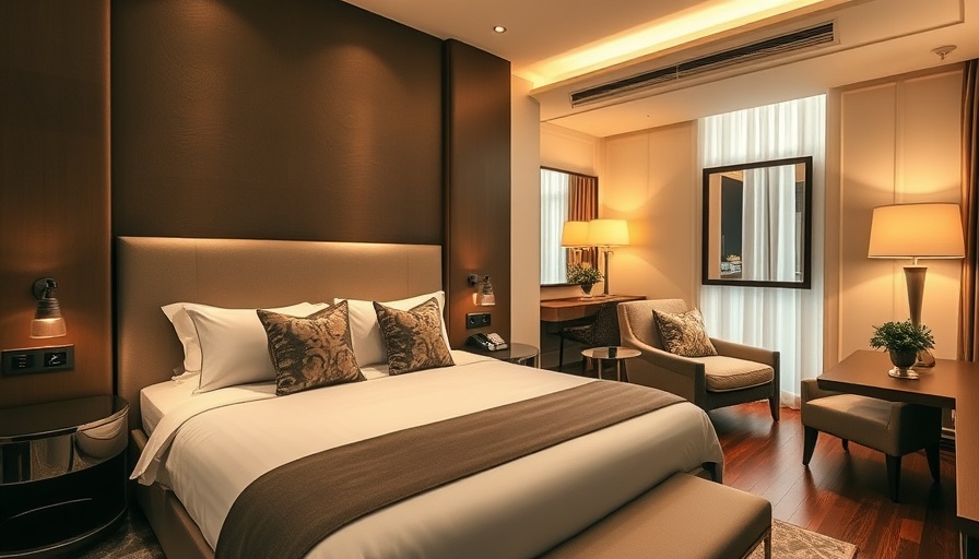 Elegant luxury hotel room with plush furnishings and ambient lighting.