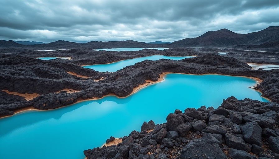 Luxury travel destination with tranquil blue lagoon and volcanic rocks.