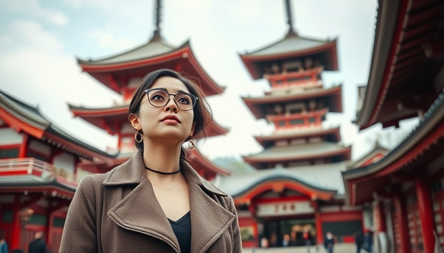 Stylish woman in Japan enjoying scenery with a traditional pagoda backdrop.