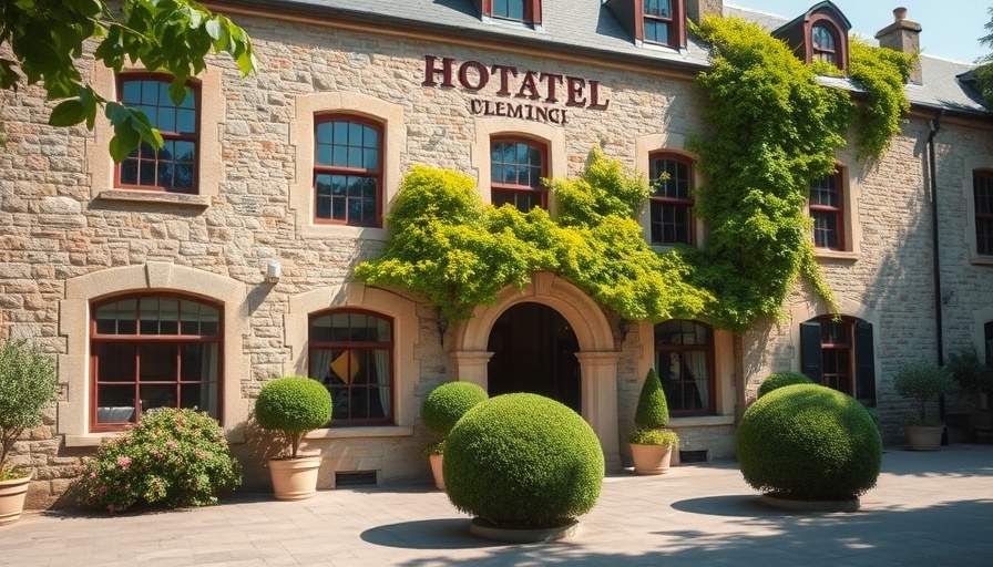 New hotel opening announcement with stylish stone facade.