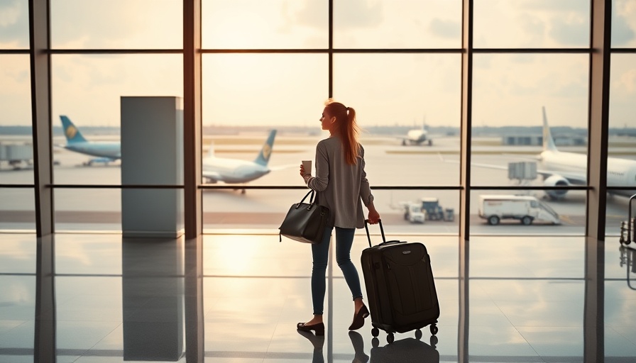 Traveler with luggage and coffee at the airport during Amazon Prime Day luggage deals.