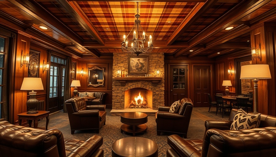 Luxurious rustic lounge at boutique accommodations, plush seating.