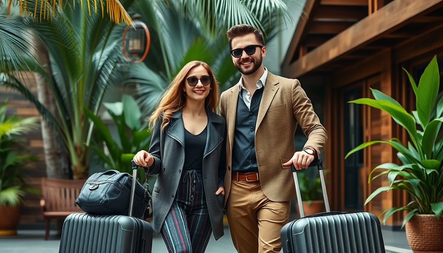 Fashionable couple with luggage enjoying luxury travel experiences