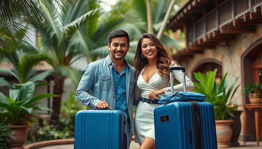 Stylish couple with luggage showcasing luxury travel experiences.