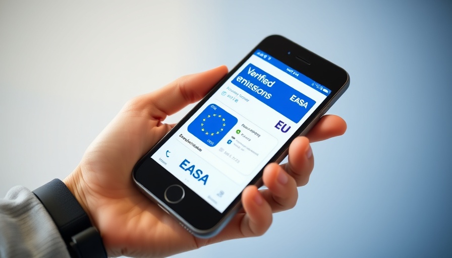 EU Flight Emissions Label app on smartphone with EASA logo.