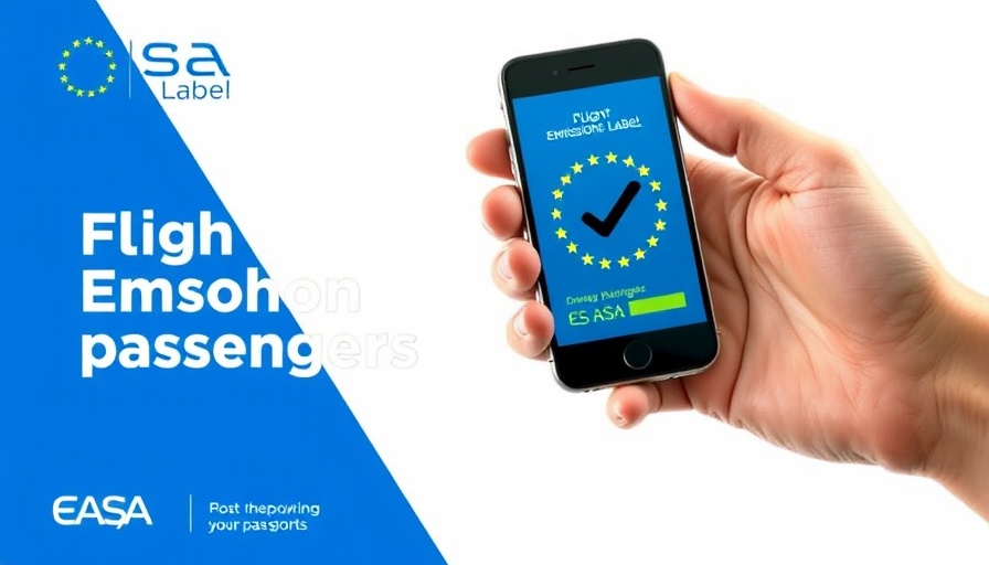 EU Flight Emissions Label app display with empowering text and EU symbols.