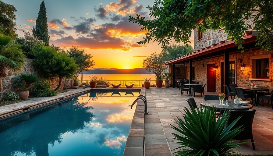 Charming Mediterranean poolside at sunset on the Amalfi Coast.