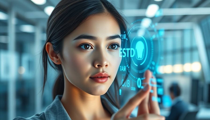 Biometric technology interface on woman's face in travel technology market setting.