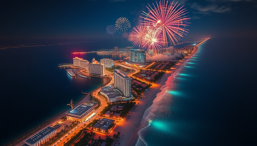 Vibrant aerial view of luxury travel destination at night with fireworks.