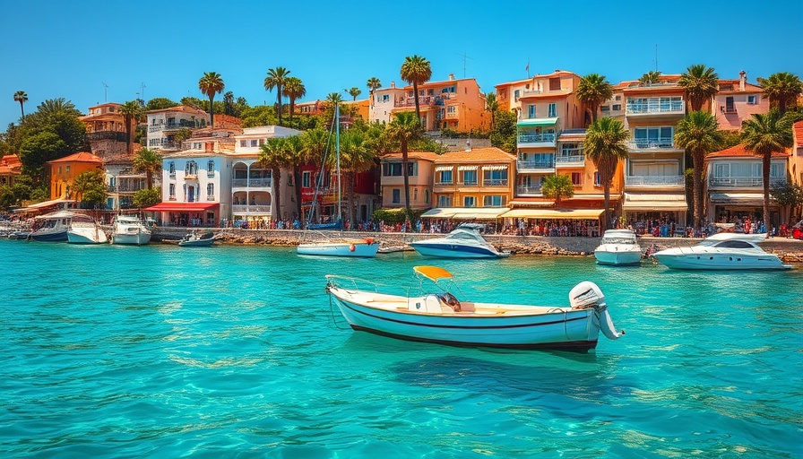 Luxury travel destination with boats on turquoise water.