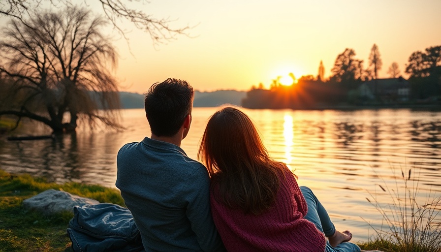Young couple relaxing by a European lake at sunset, signifying European travel demand.